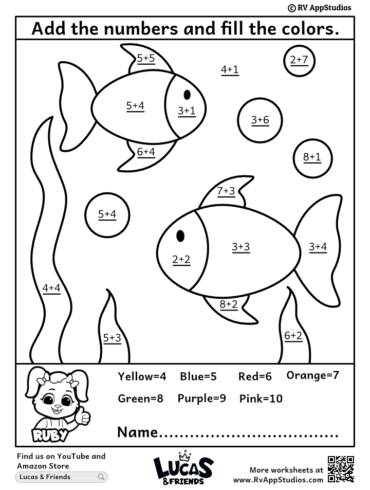 Addition Worksheets For Kindergarten Color By Number