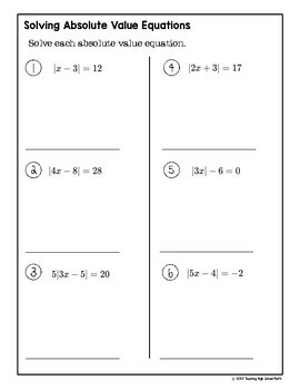 Algebra Solving Absolute Value Equations Worksheet By Teaching High 