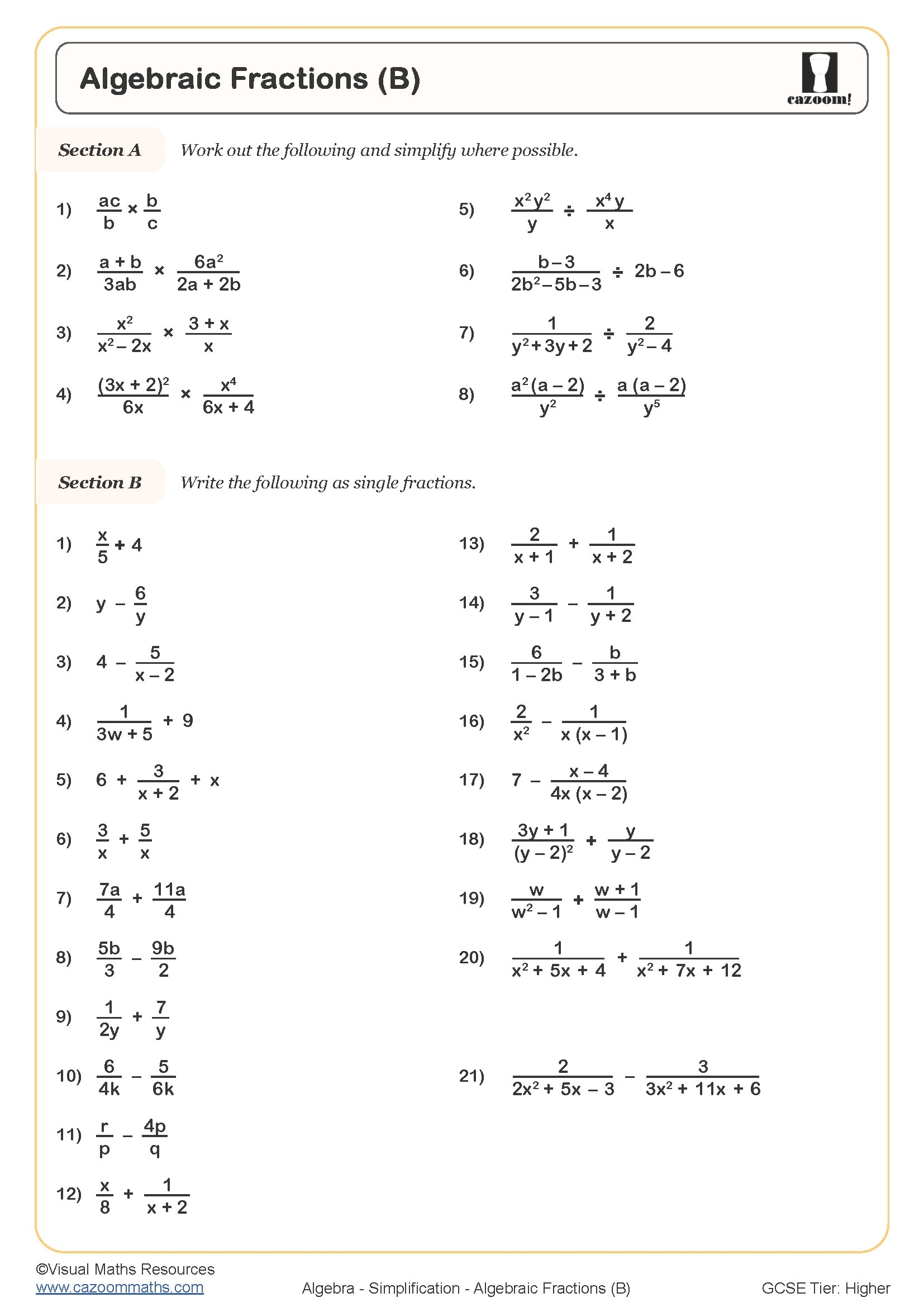 Algebraic Fractions B Worksheet Fun And Engaging PDF Worksheets 