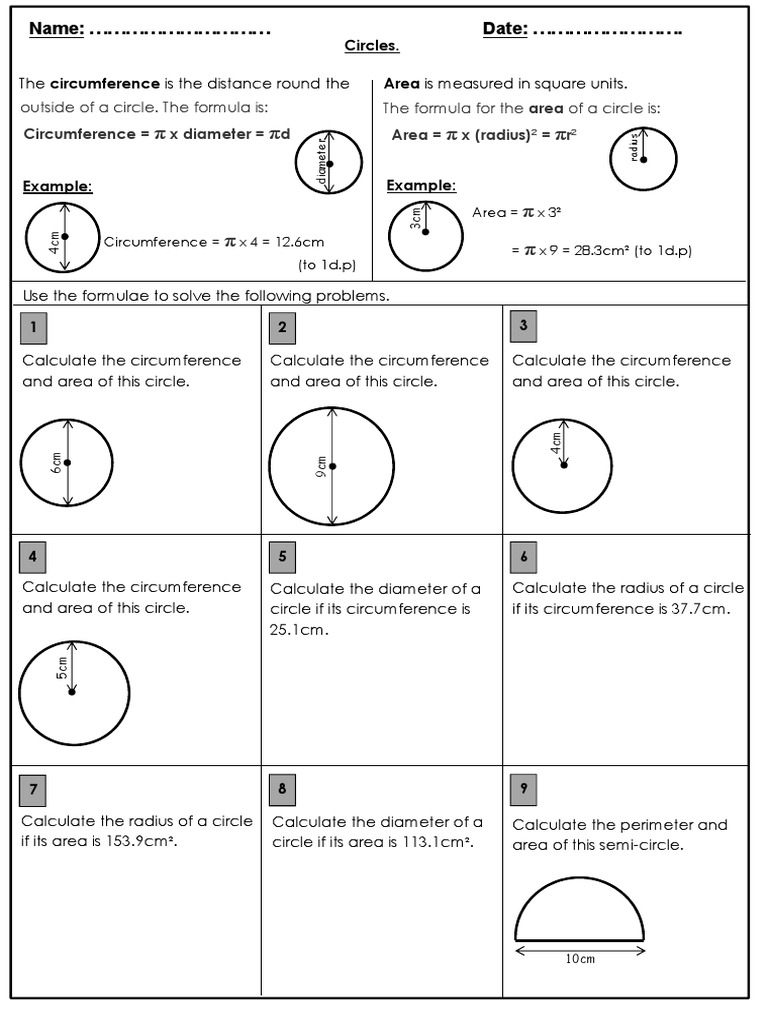 Area And Circumference Worksheets Worksheets Library