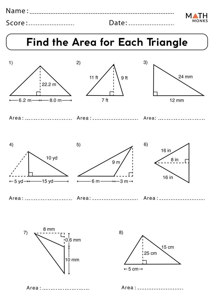 Area Of A Triangle Worksheets Math Monks