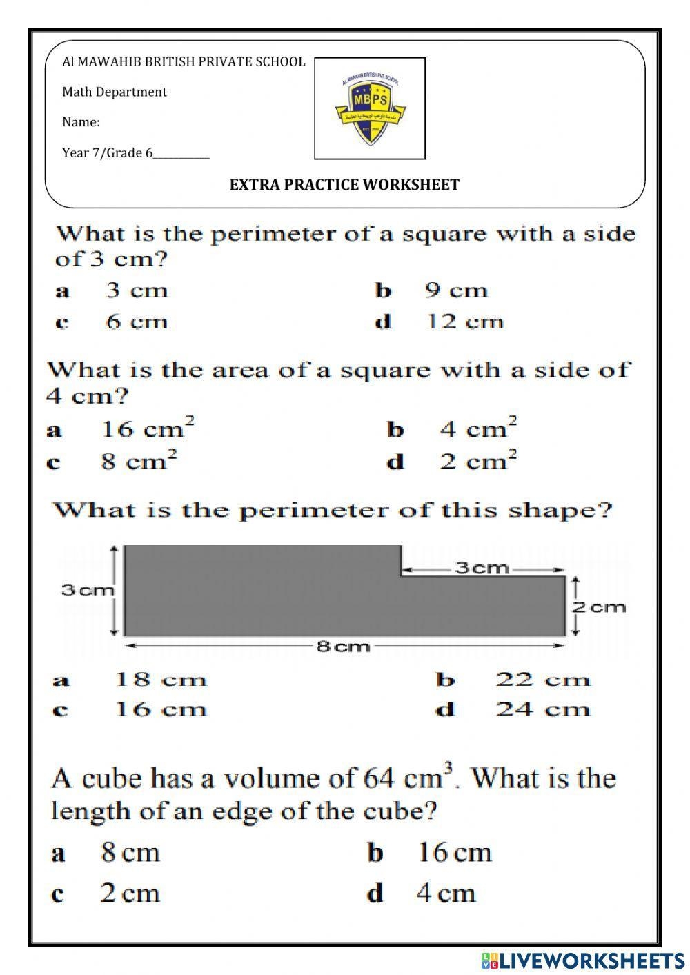 Area Perimeter And Volume Grade 6 Worksheet Worksheets Library
