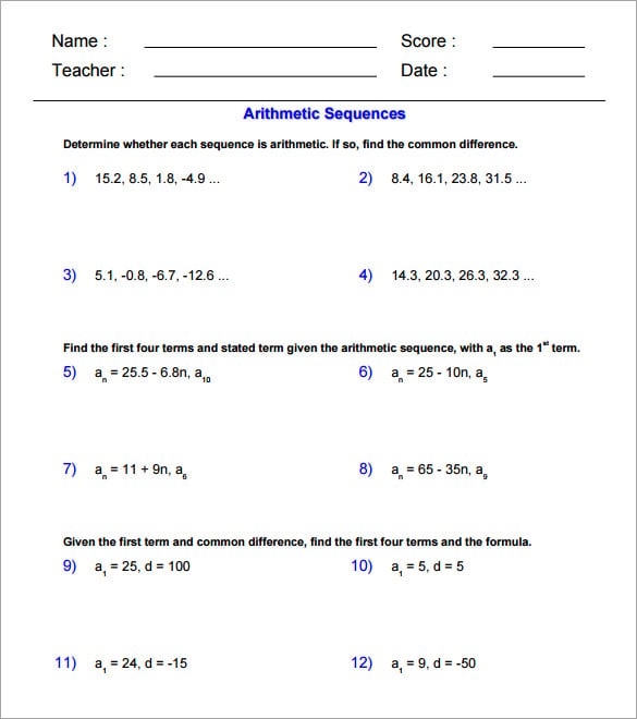 arithmetic sequence worksheet arithmetic sequence worksheet