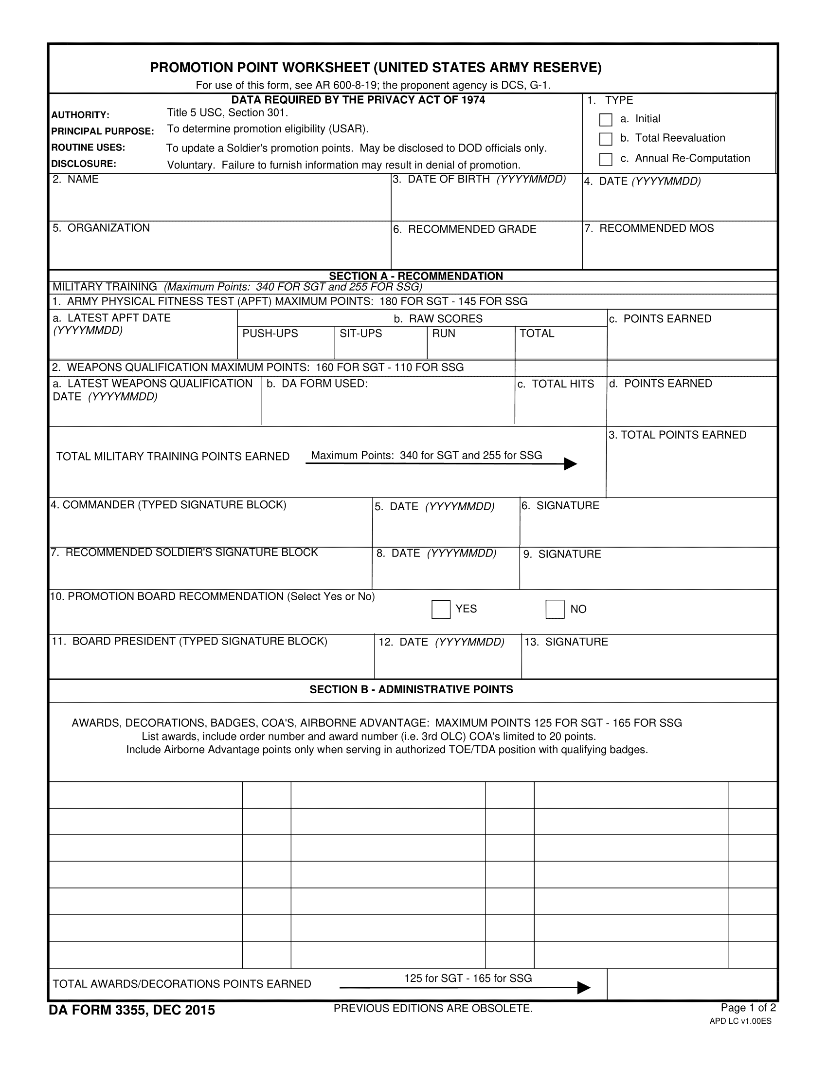 Army Promotion Point Worksheet Army Promotion Point Worksheet