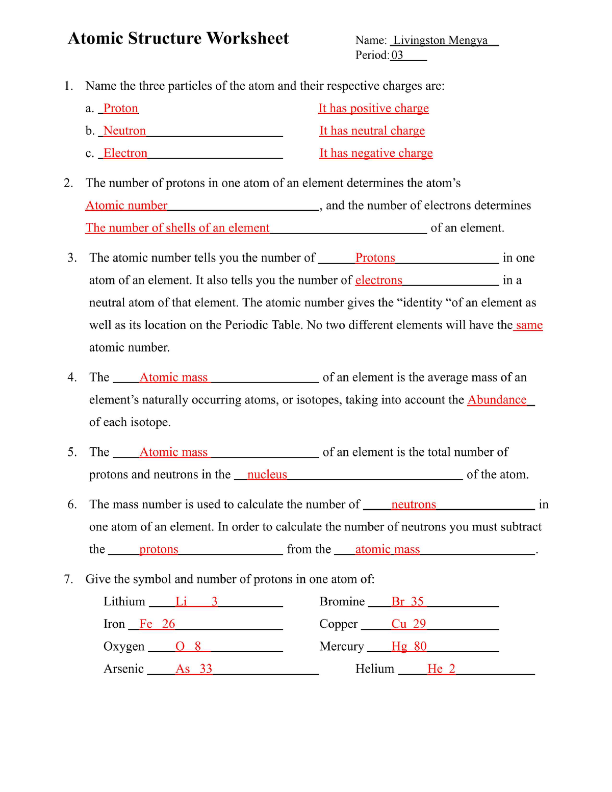 Atomic Structure Review Sheet With Answers Exercises Chemistry 