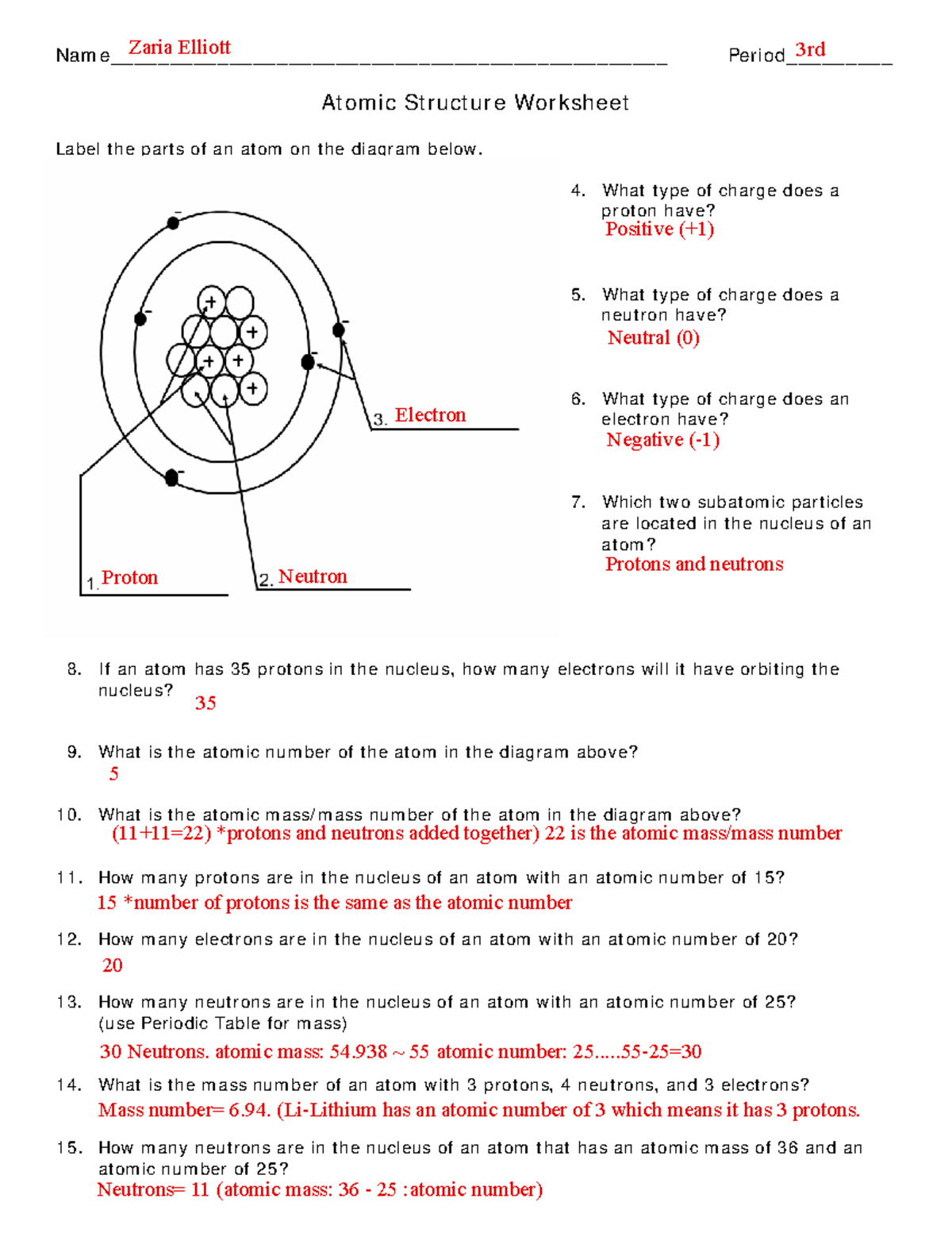 Atomic Structure Worksheet Answer Key Free Worksheets Printable