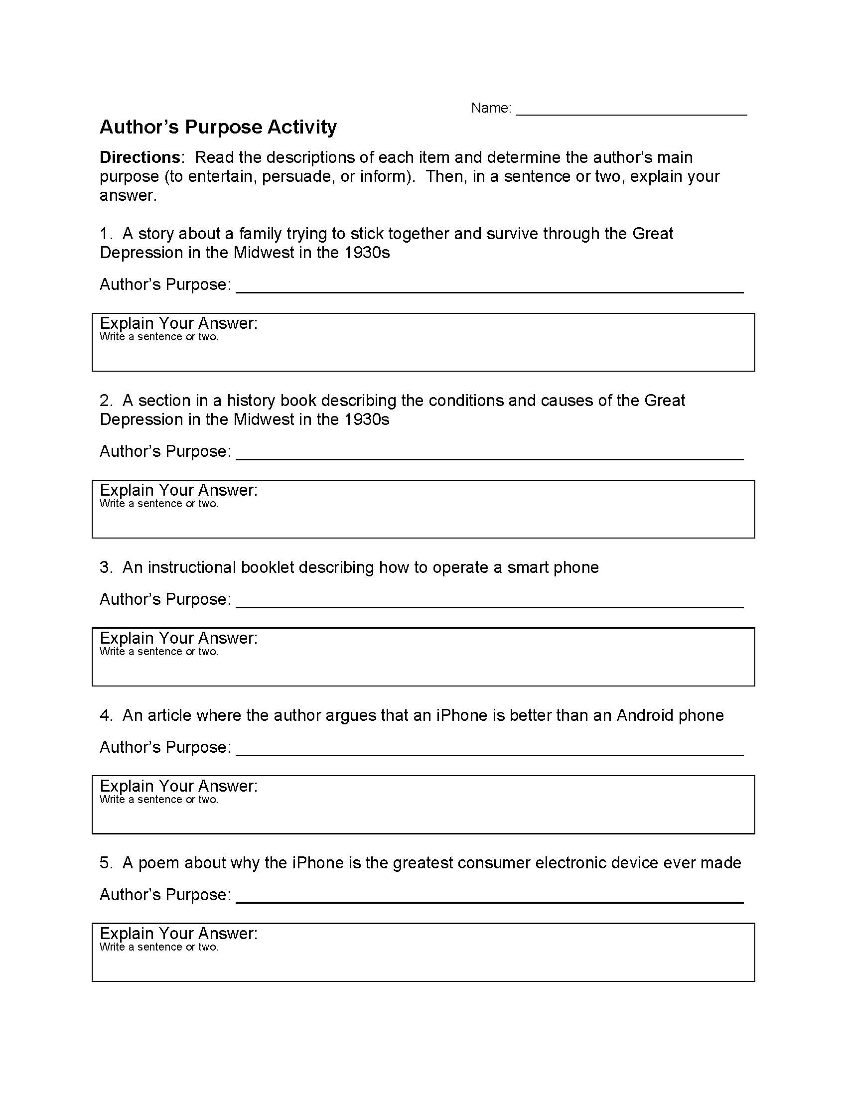 Author 39 s Purpose Worksheet 1 Reading Activity Author 39 s Purpose Worksheet 1 Reading Activity