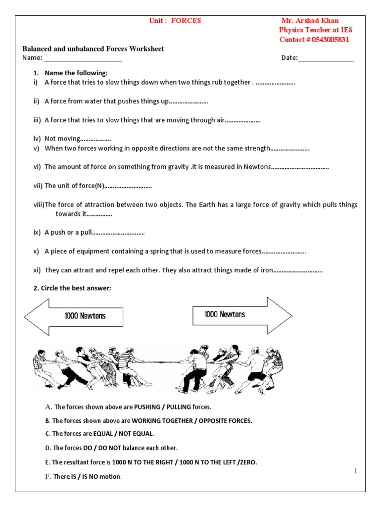 Balanced And Unbalanced Forces Worksheet Printable And 