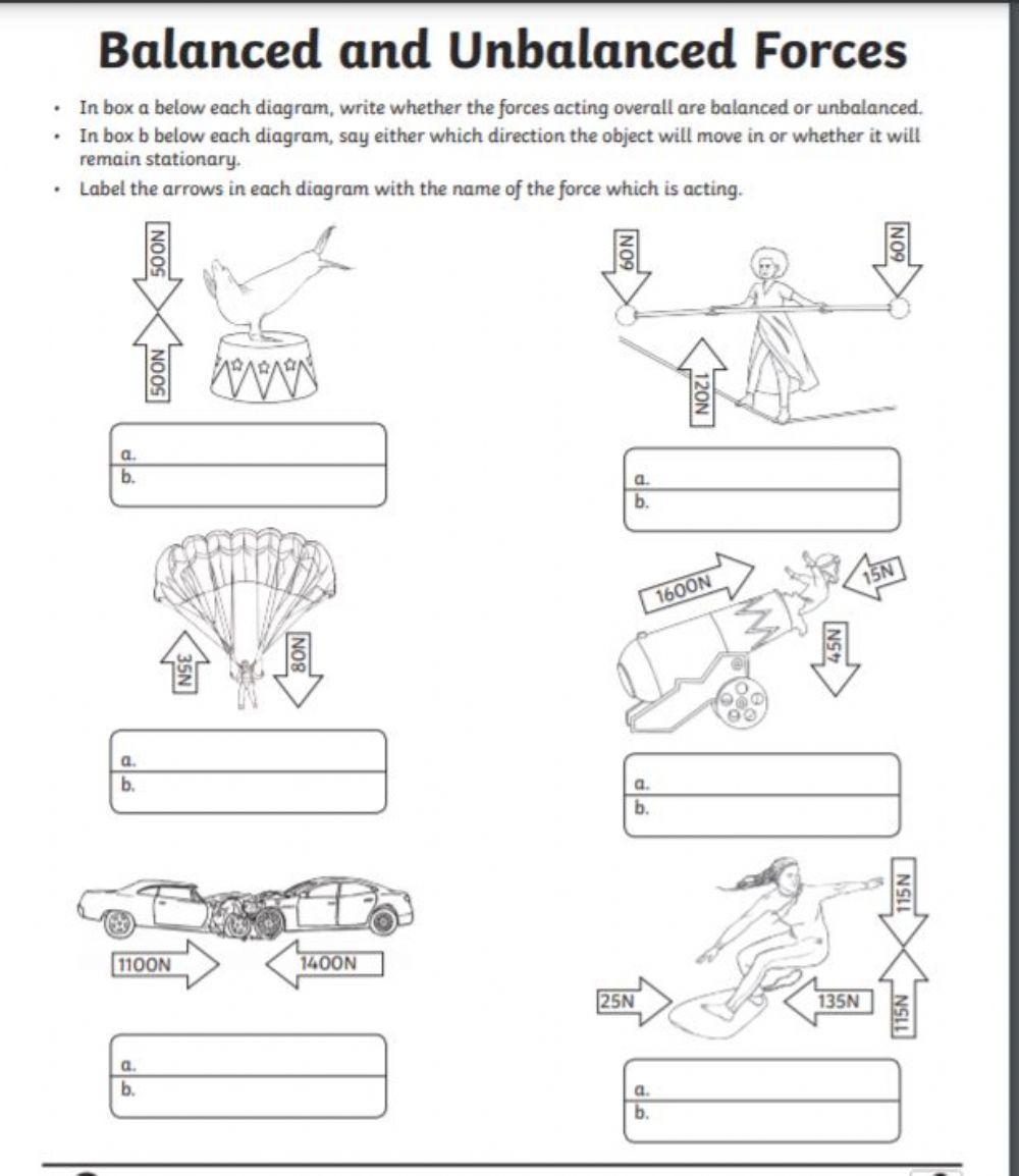 balanced and unbalanced forces worksheet