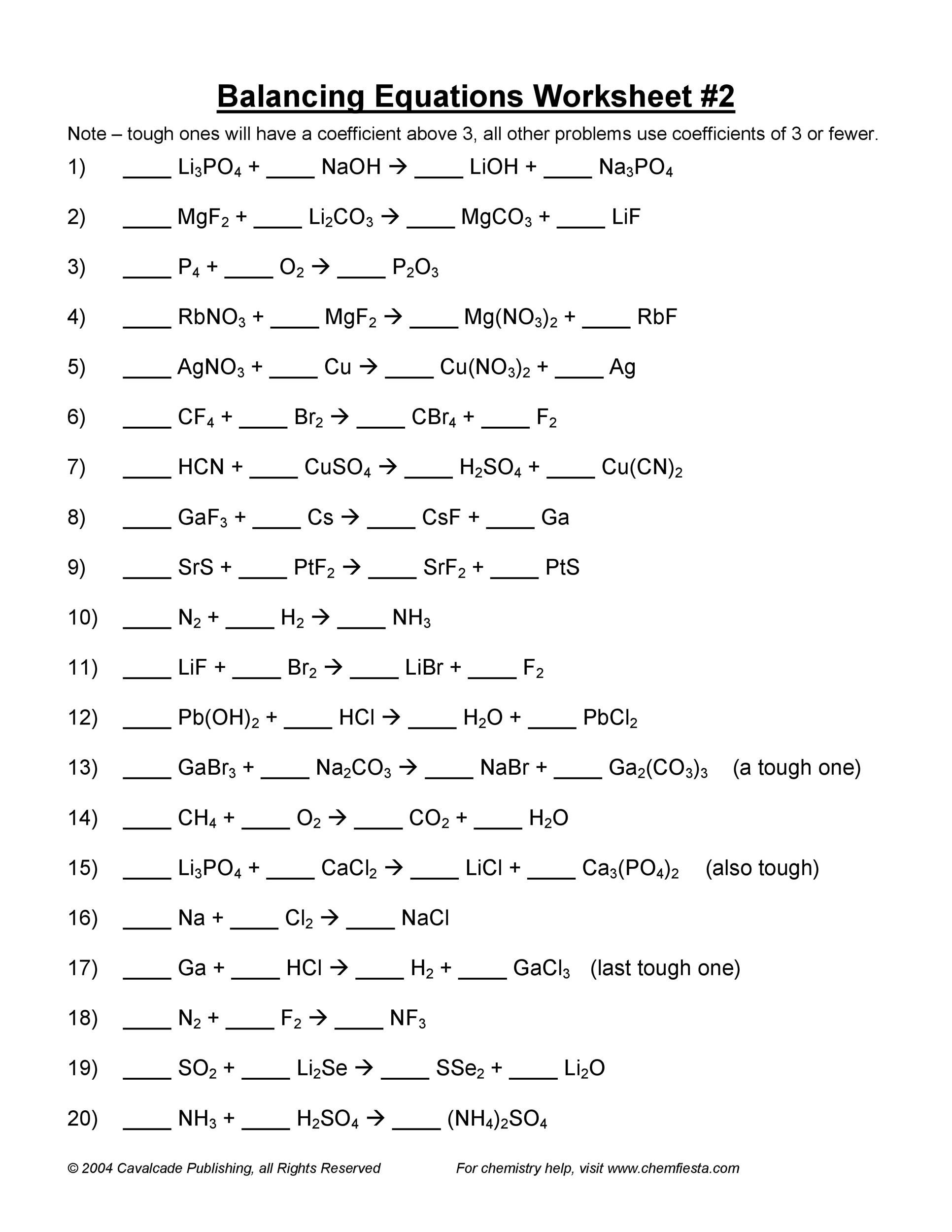 worksheet on balancing chemical equation