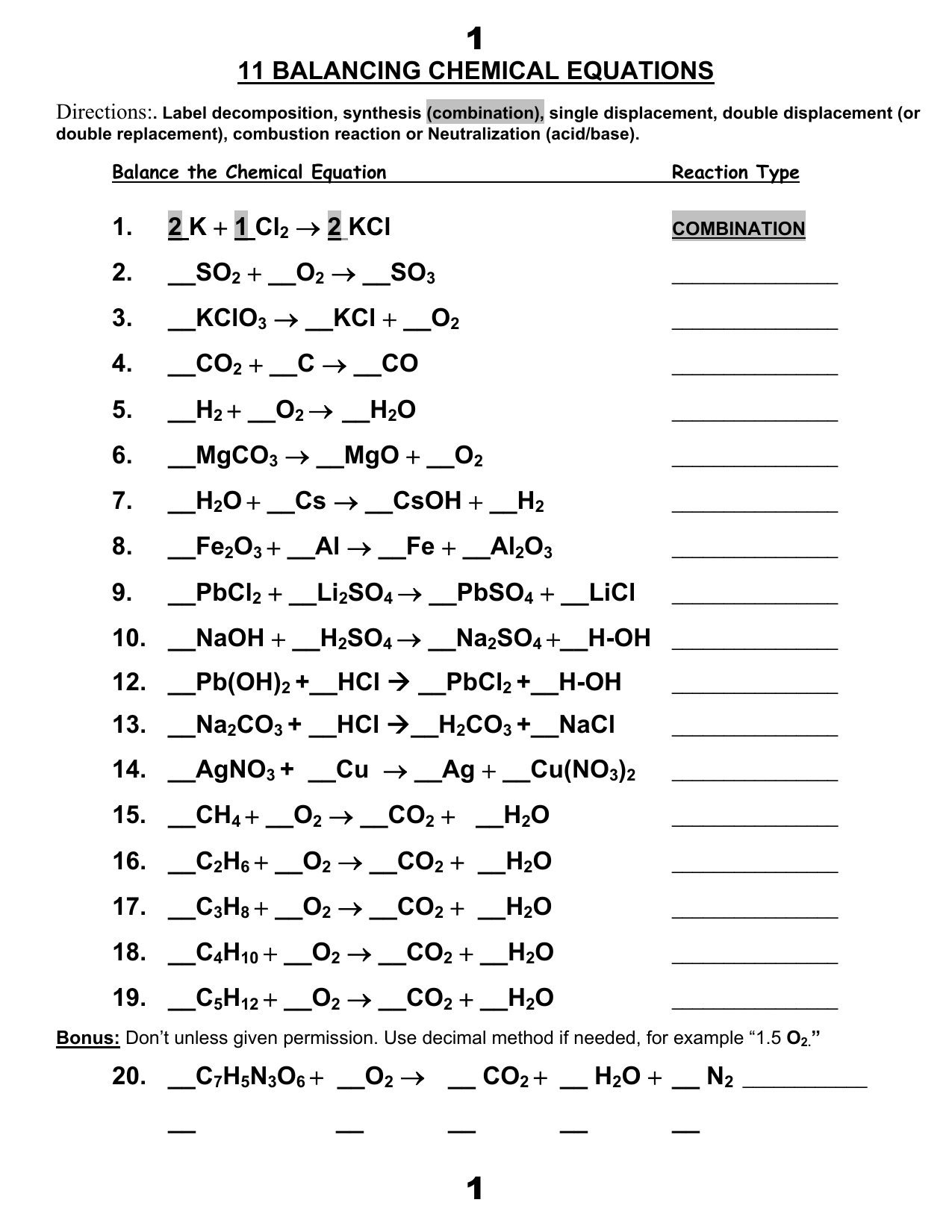 Balancing Chemical Equation Worksheet Proworksheet