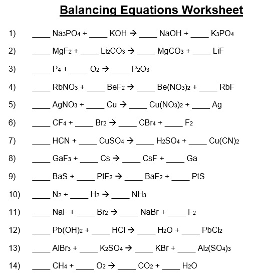 chemical equations balancing equations worksheet