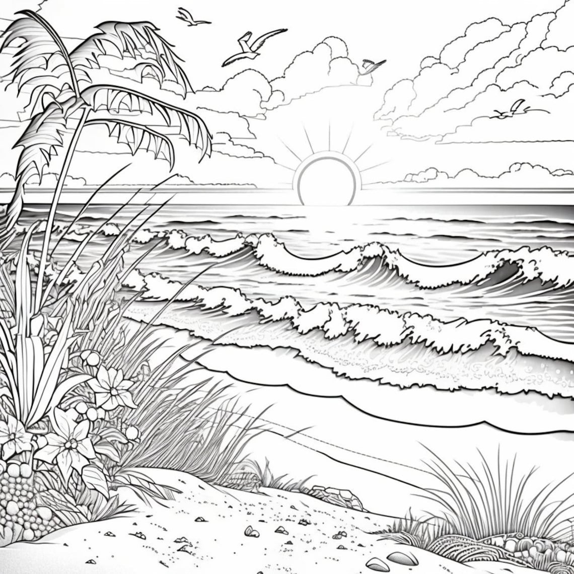 Beach Scene Coloring Pages Bundle 2 PNG Digital Download Pages Beach 