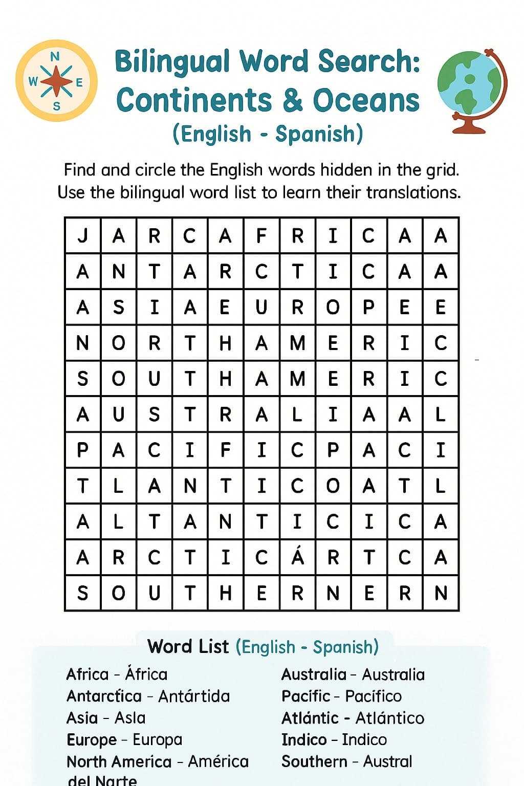 Bilingual Word Search Continents Oceans Worksheet Download Print Now Bilingual Word Search Continents Oceans Worksheet Download Print Now