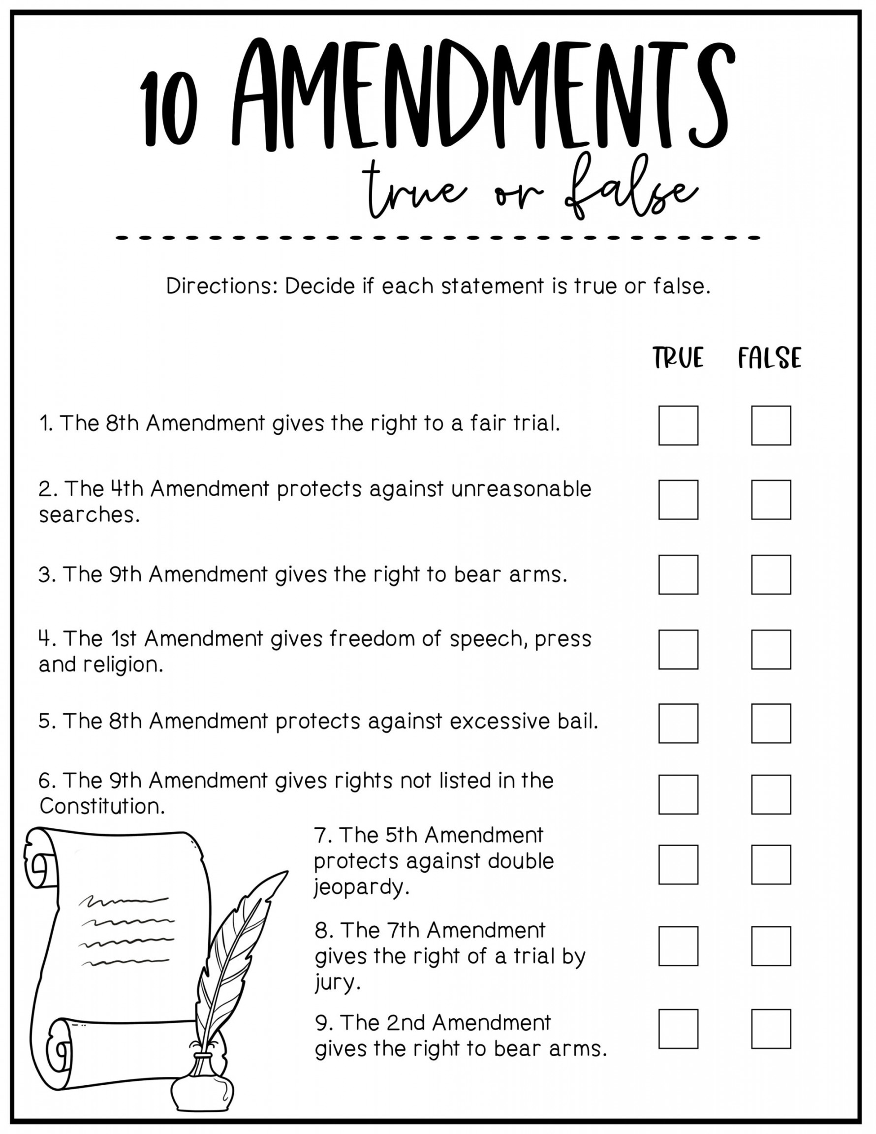 Bill Of Rights Worksheet Printable PDF Template