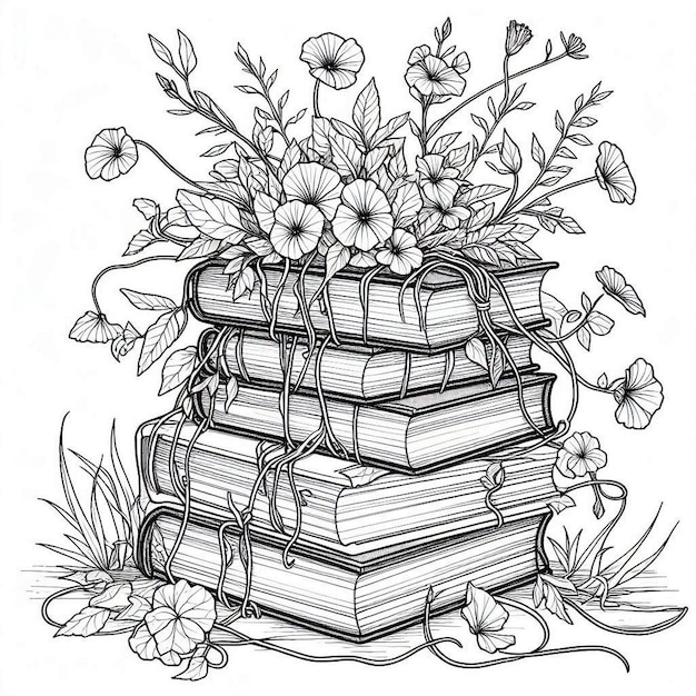 Books With Flower Coloring Book Page Premium AI generated Vector