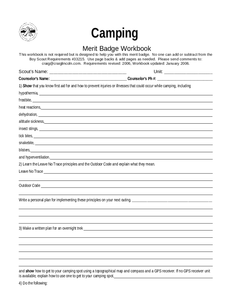 Camping Merit Badge Worksheet