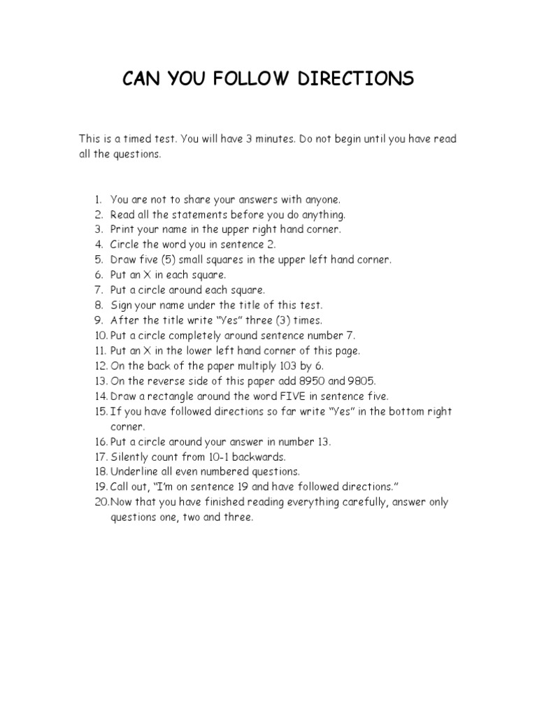Can You Follow Directions PDF Worksheets Library