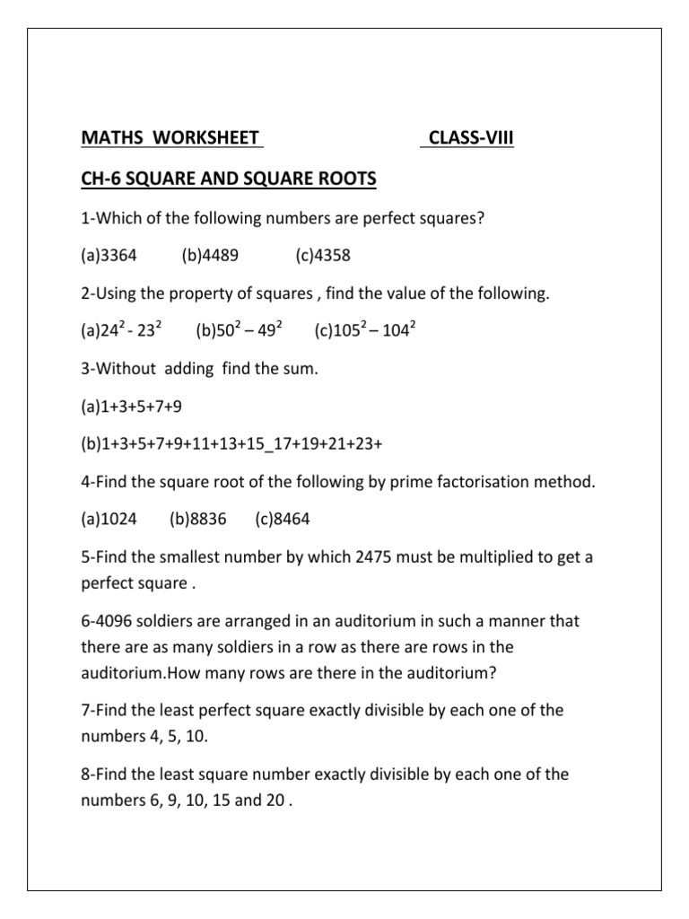 CBSE Class 8 Mathematics Worksheet Square And Square Roots PDF CBSE Class 8 Mathematics Worksheet Square And Square Roots PDF