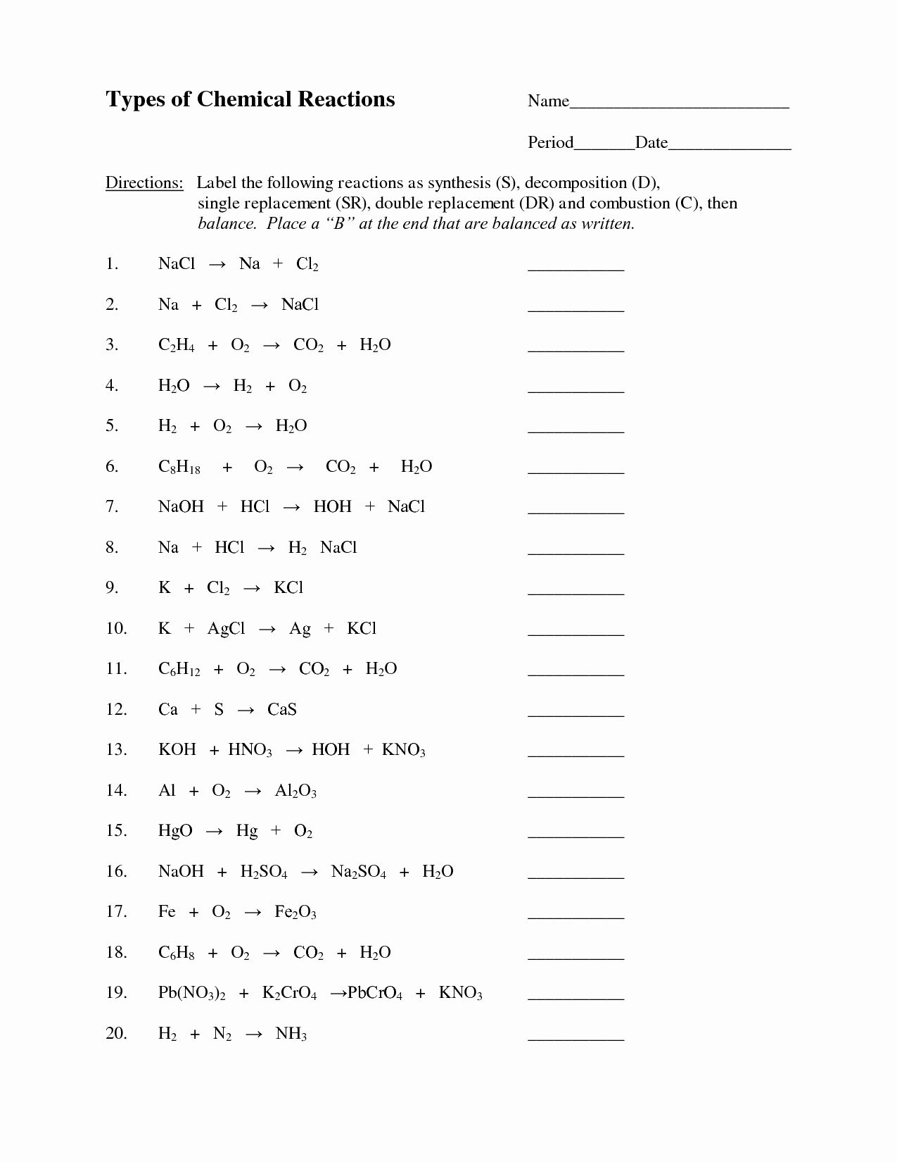 types of reactions worksheet