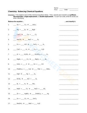 chemistry balancing chemical equations worksheet