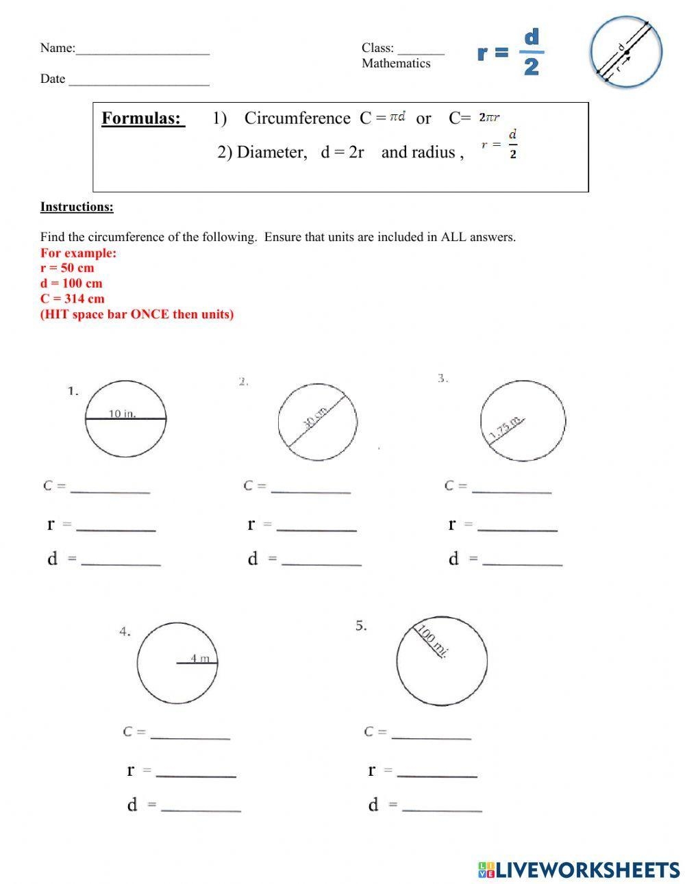 Circumference Of A Circle Activity Live Worksheets Worksheets Library