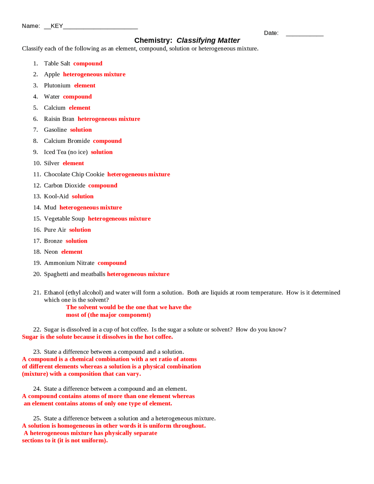 classification of matter worksheet