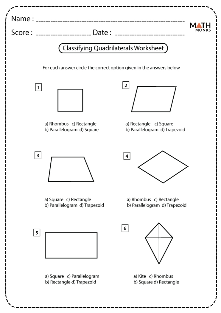 Classifying Quadrilaterals Worksheets Math Monks