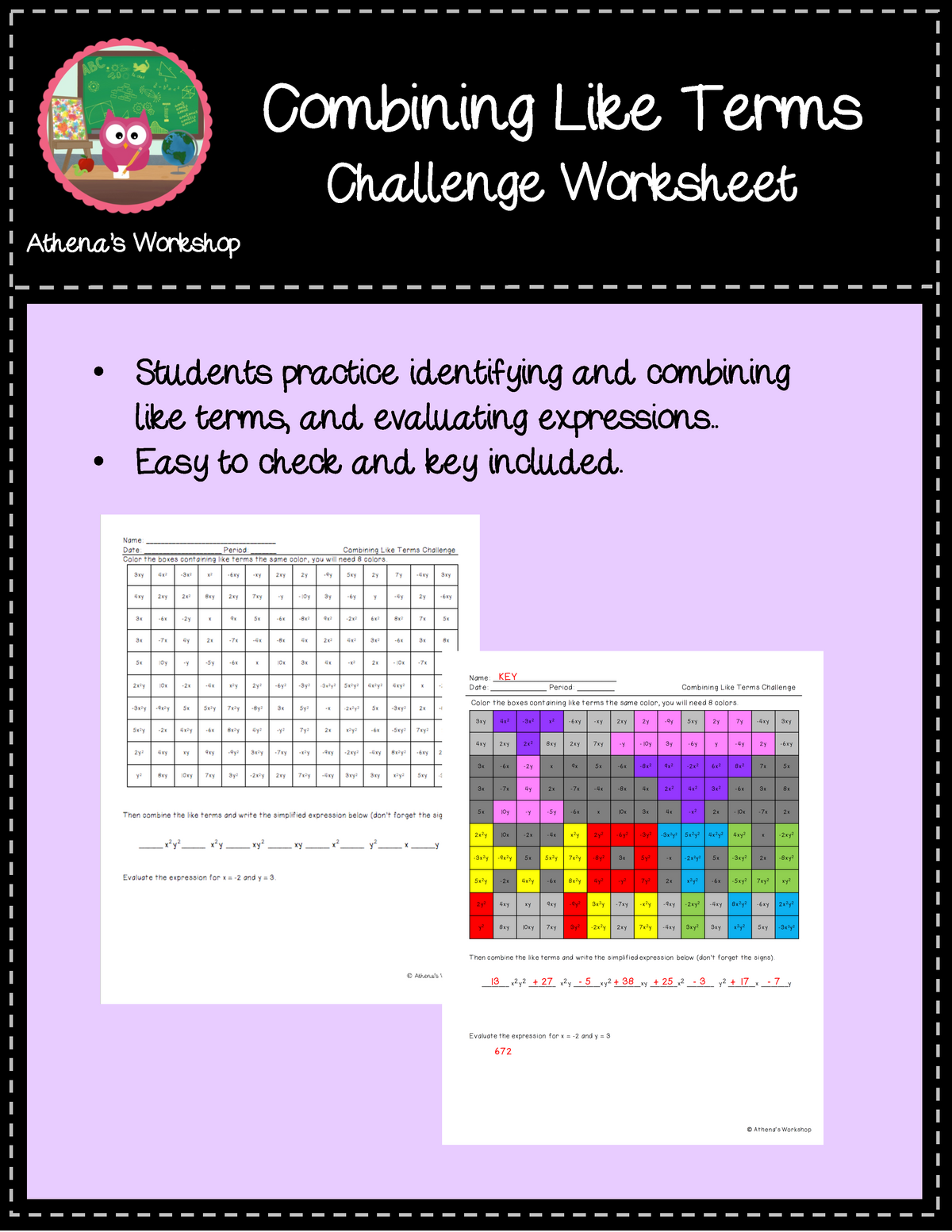 Combining Like Terms Challenge Coloring Activity Freebie 1 