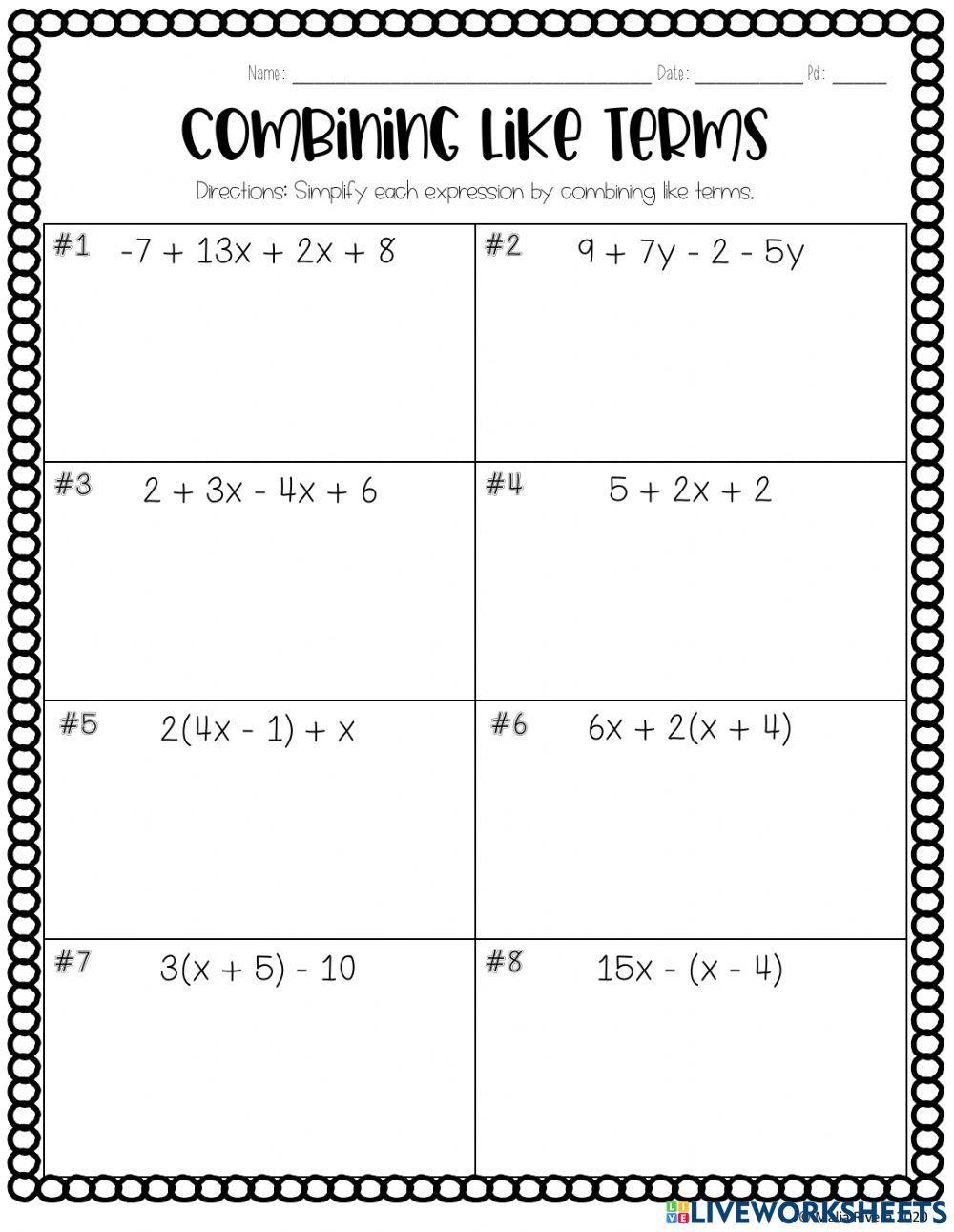 Combining Like Terms Worksheet For 8th 9th Live Worksheets 