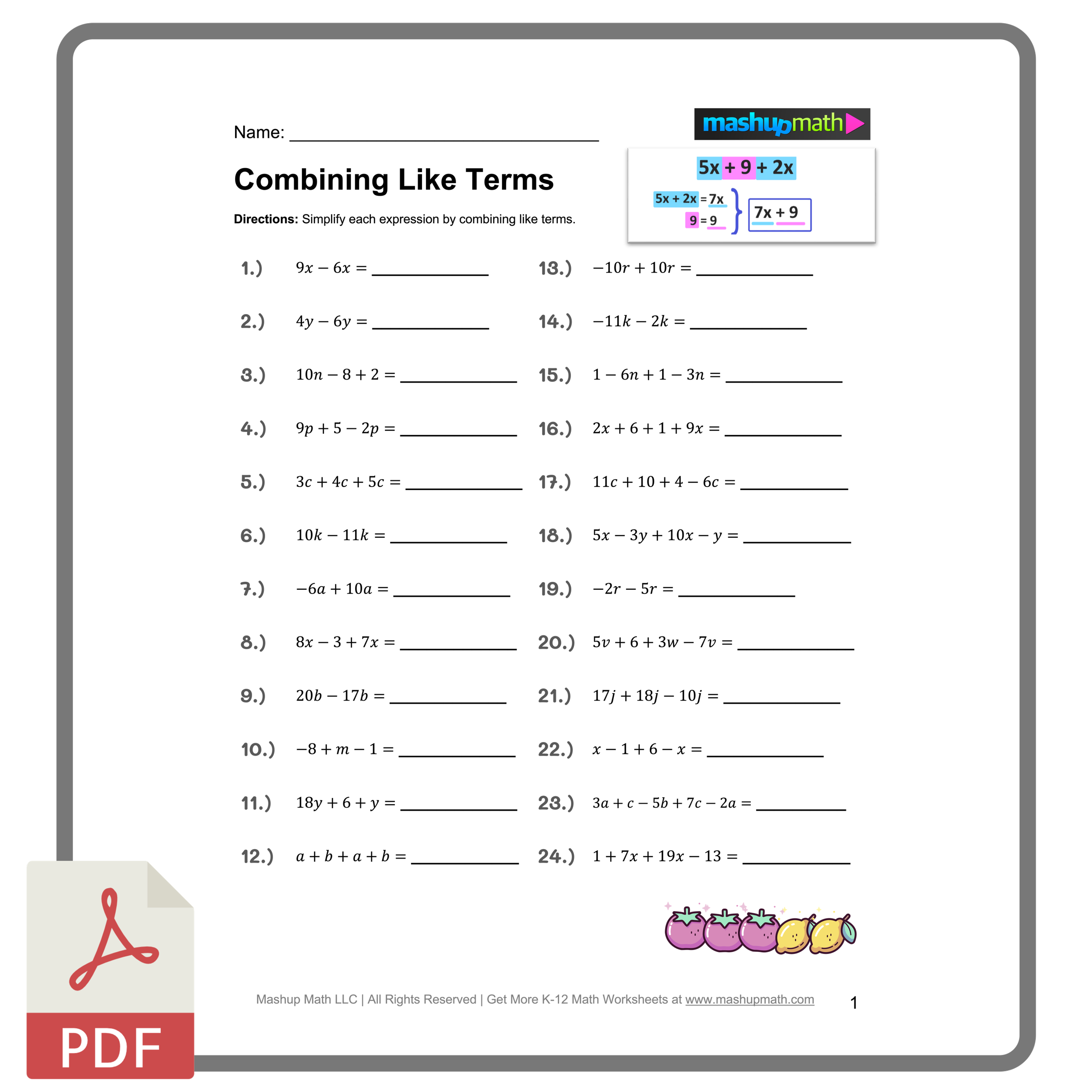 Combining Like Terms Worksheets Printable With Answers Mashup Math Combining Like Terms Worksheets Printable With Answers Mashup Math