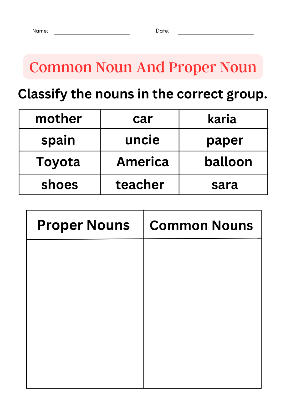 common and proper nouns worksheets