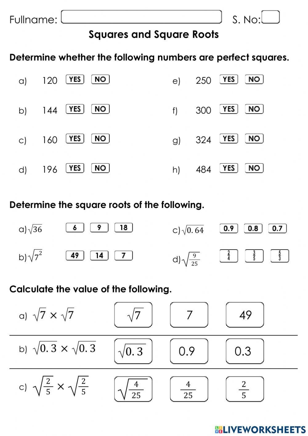 Commonly Used Squares And Square Roots Mixed Questions A Worksheets Commonly Used Squares And Square Roots Mixed Questions A Worksheets
