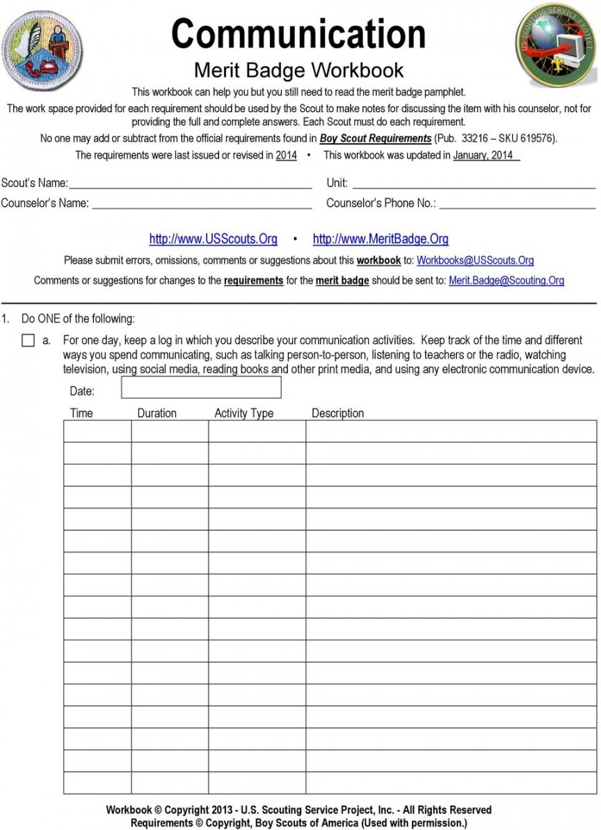 Communication Merit Badge Worksheet Printable PDF Template