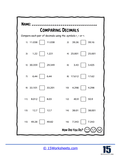 Comparing Decimals Worksheets 15 Worksheets Comparing Decimals Worksheets 15 Worksheets