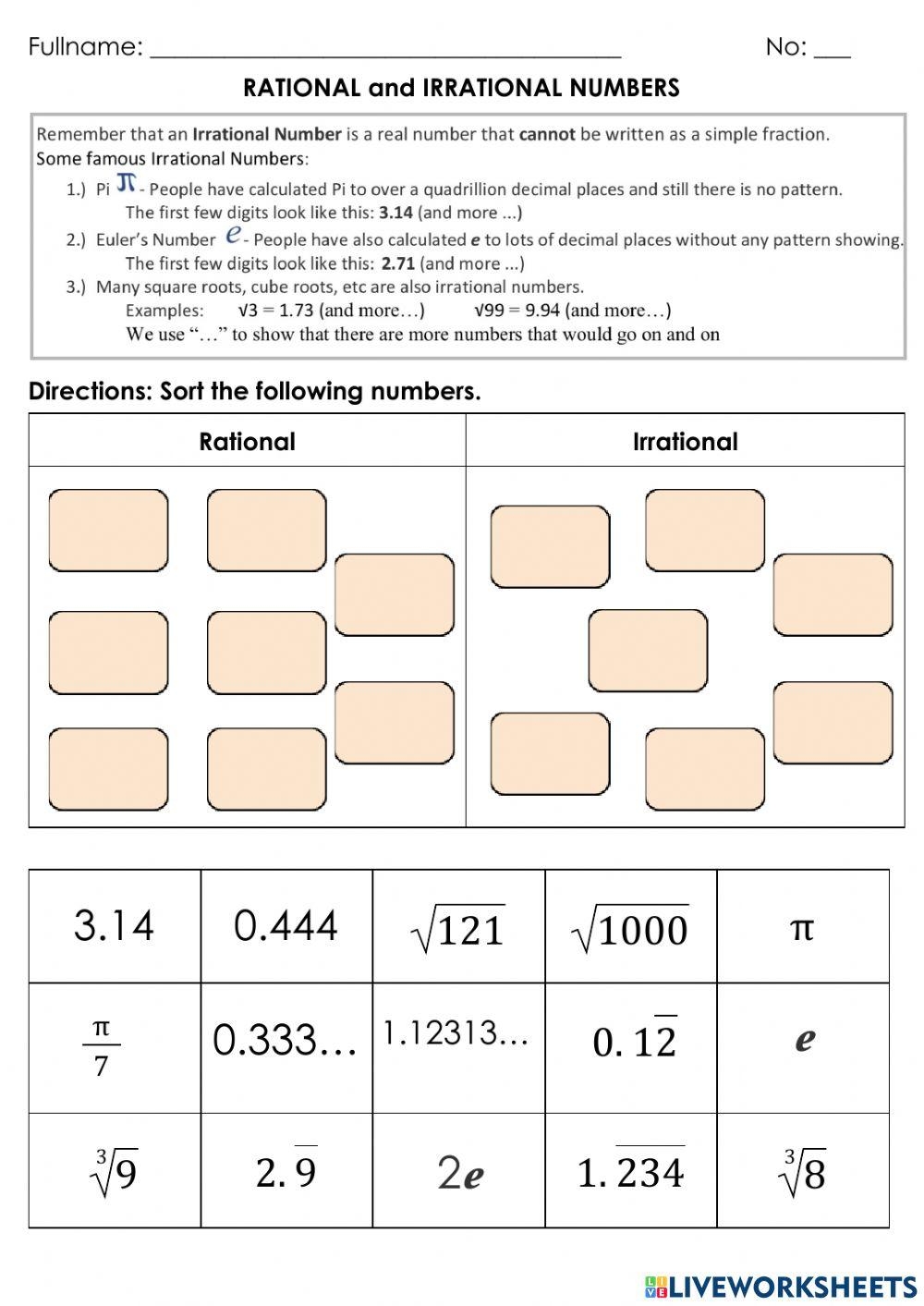 Comparing Rational And Irrational Numbers Worksheet Education 