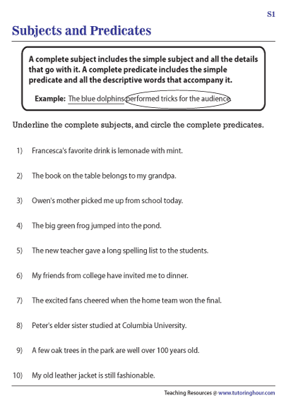 Complete Subjects And Complete Predicates Worksheets Complete Subjects And Complete Predicates Worksheets