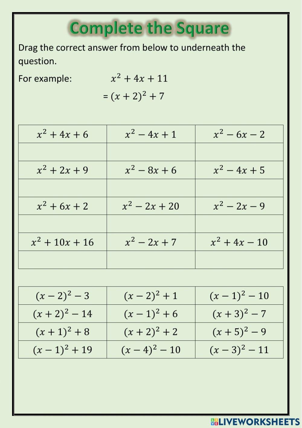 Completing The Square Worksheet Completing The Square Practice