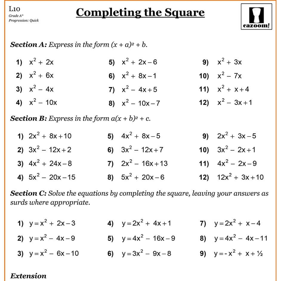 complete the square worksheet complete the square worksheet