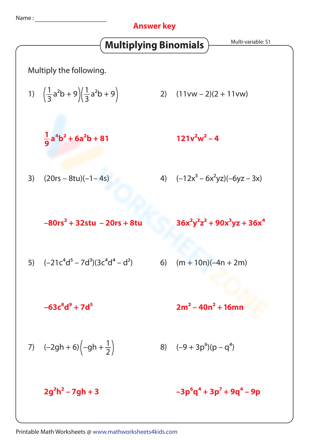 Complex Multiplying Binomials Worksheet Worksheets Library