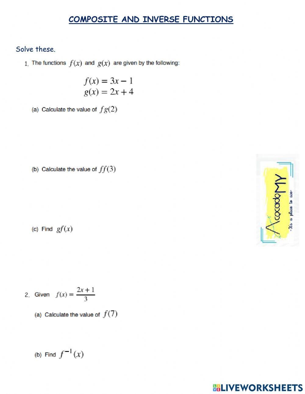 Composite And Inverse Functions Worksheet A Worksheet Live Composite And Inverse Functions Worksheet A Worksheet Live