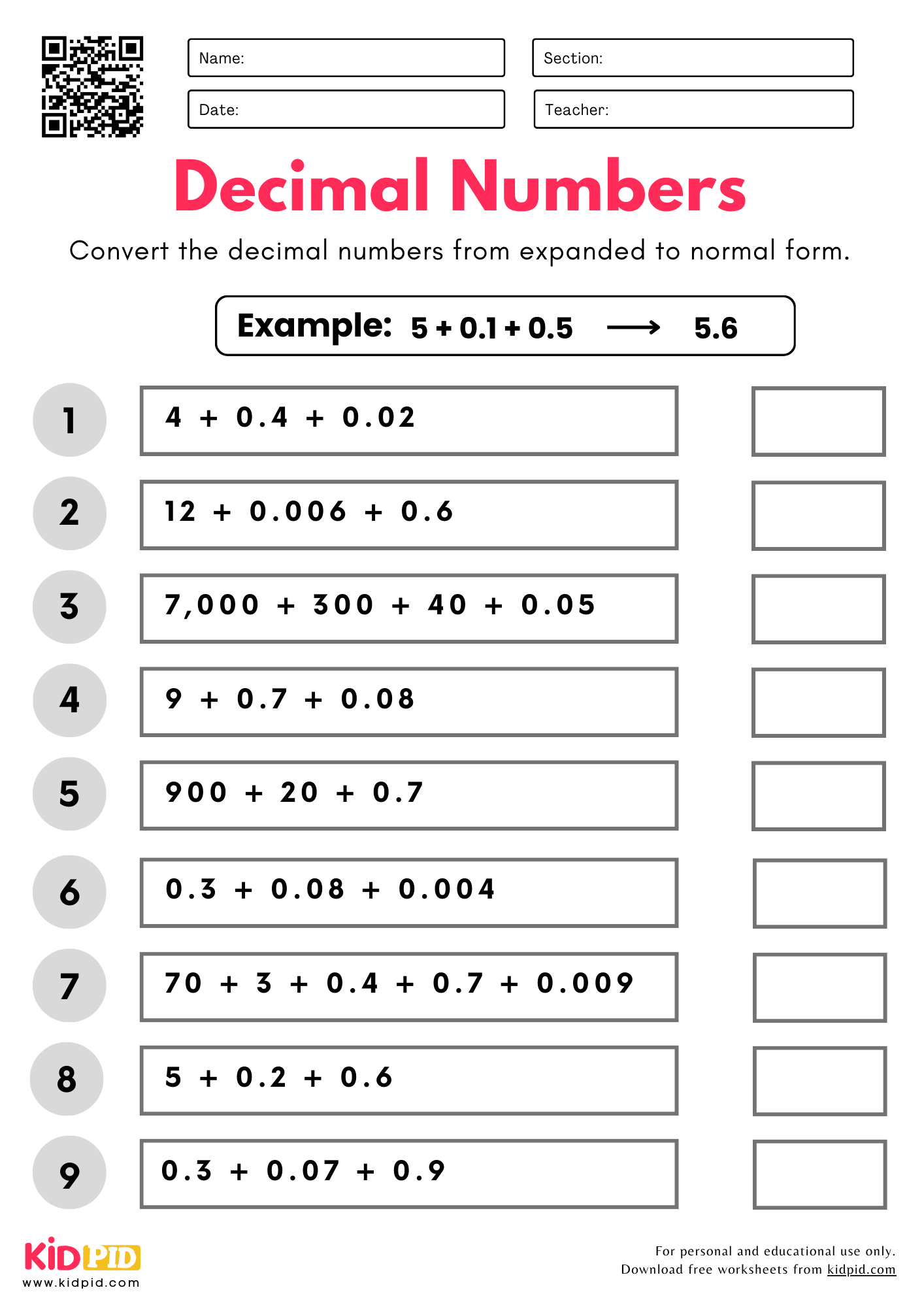 decimal number forms review worksheet