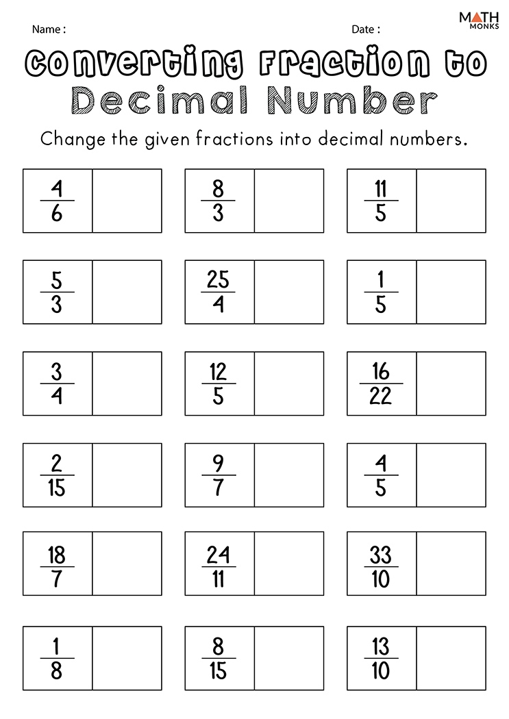 fractions and decimals worksheets