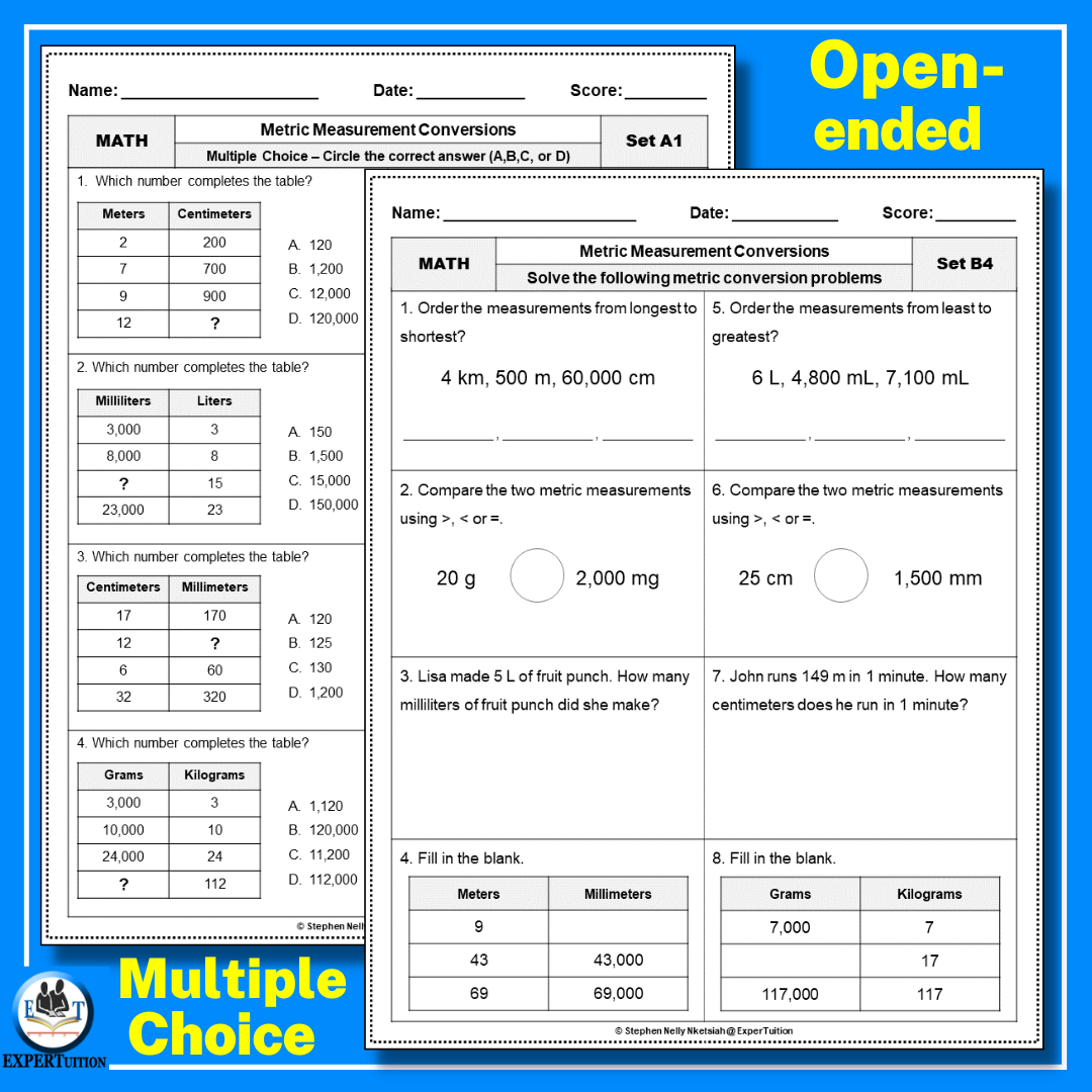Converting Between Common Metric Length Mass And Volume Units A Converting Between Common Metric Length Mass And Volume Units A