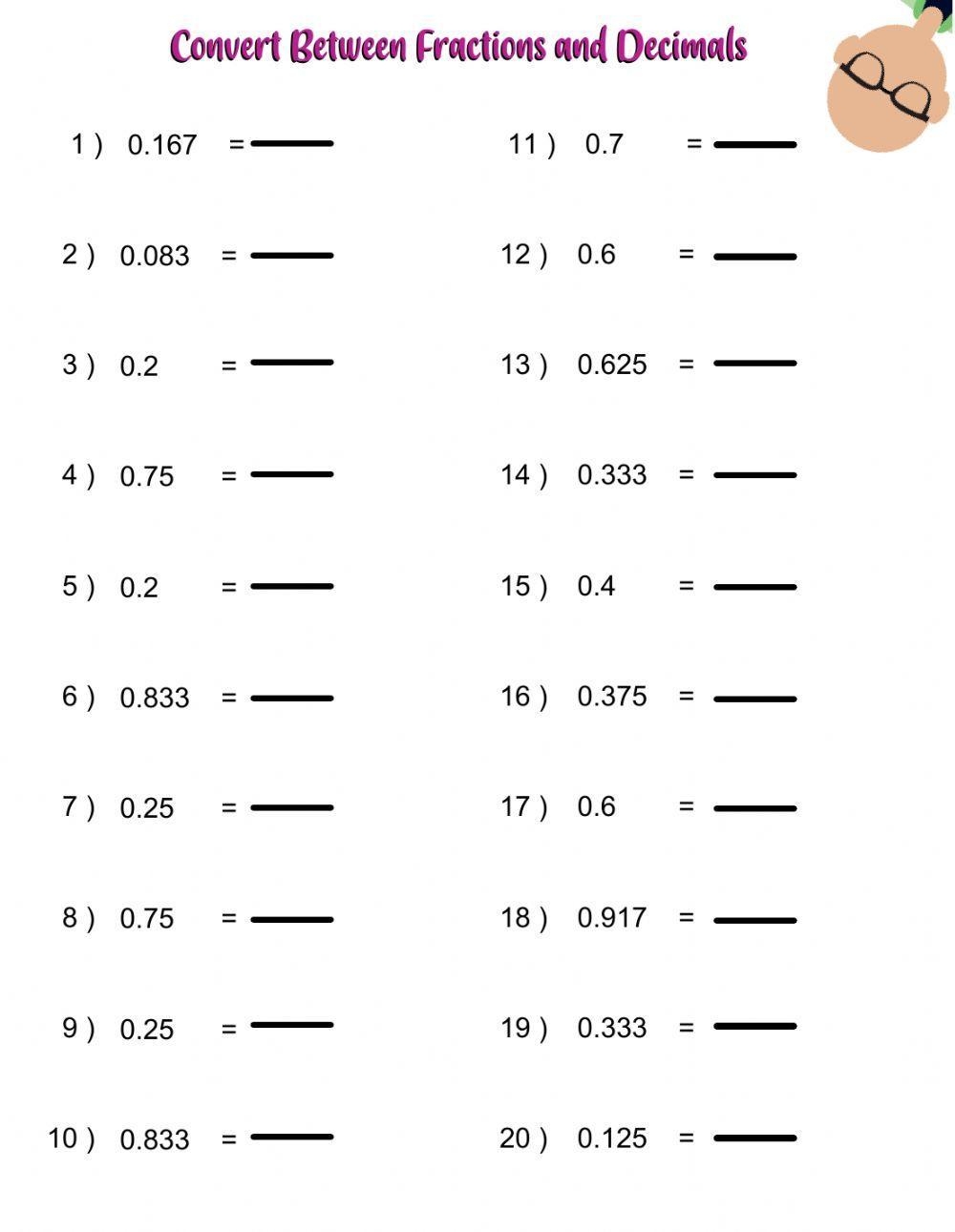 converting decimals to fractions worksheet