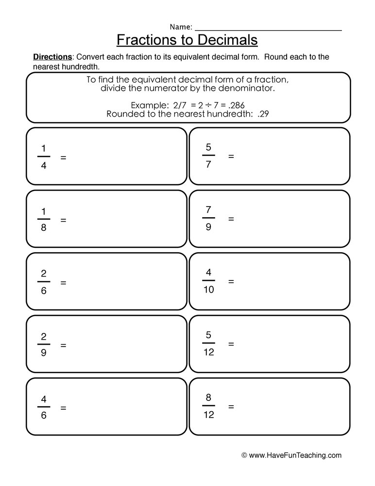 Converting Fractions To Decimals Worksheet Worksheets Library