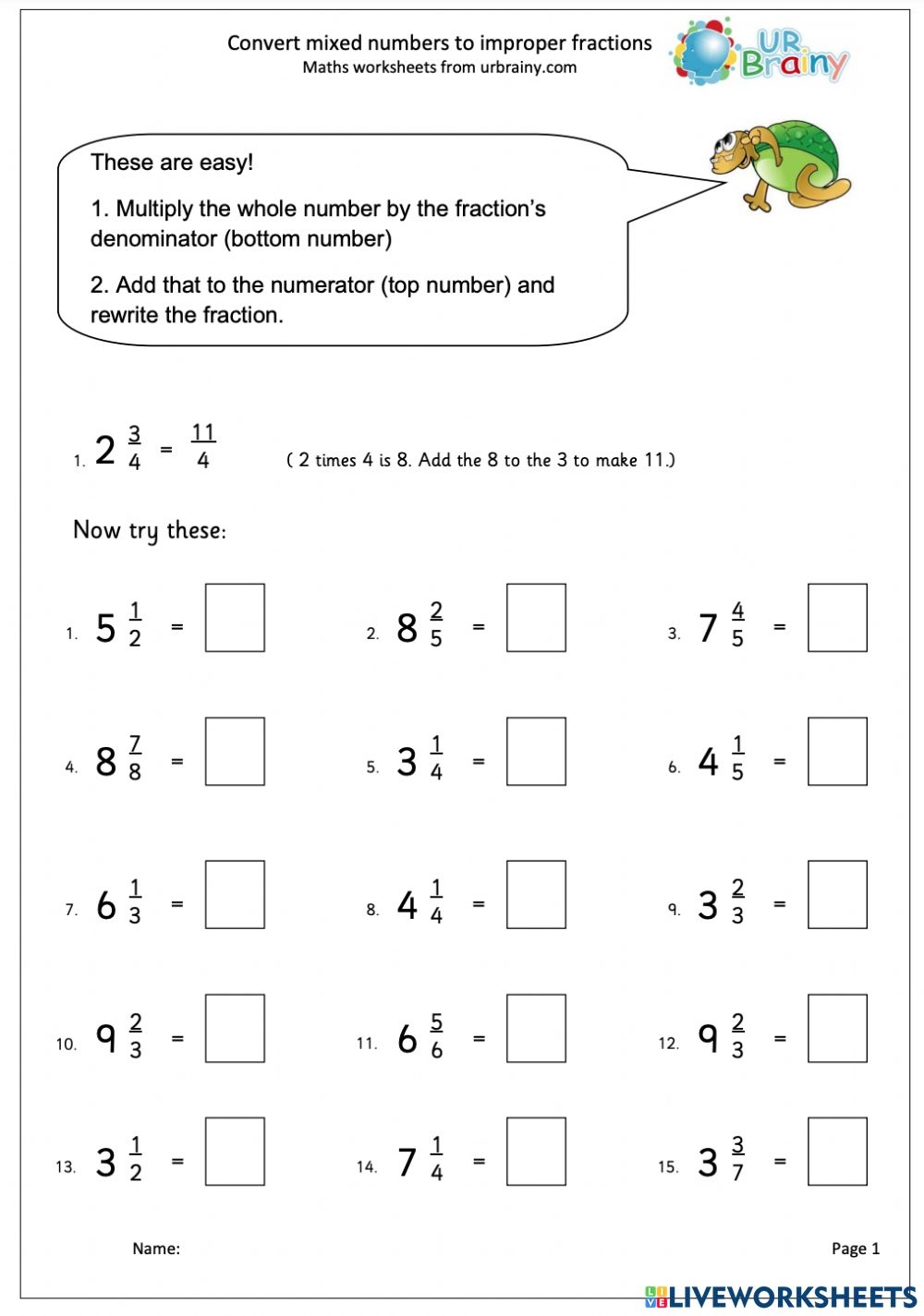 mixed number to improper fraction worksheet mixed number to improper fraction worksheet