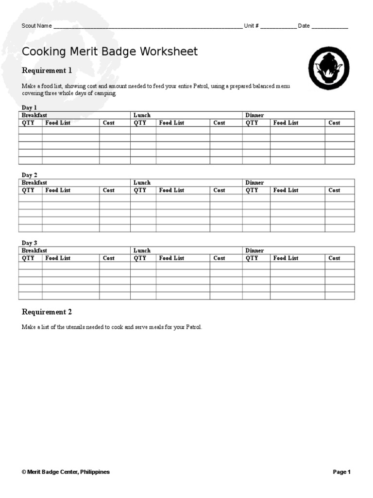 Cooking Merit Badge Worksheet