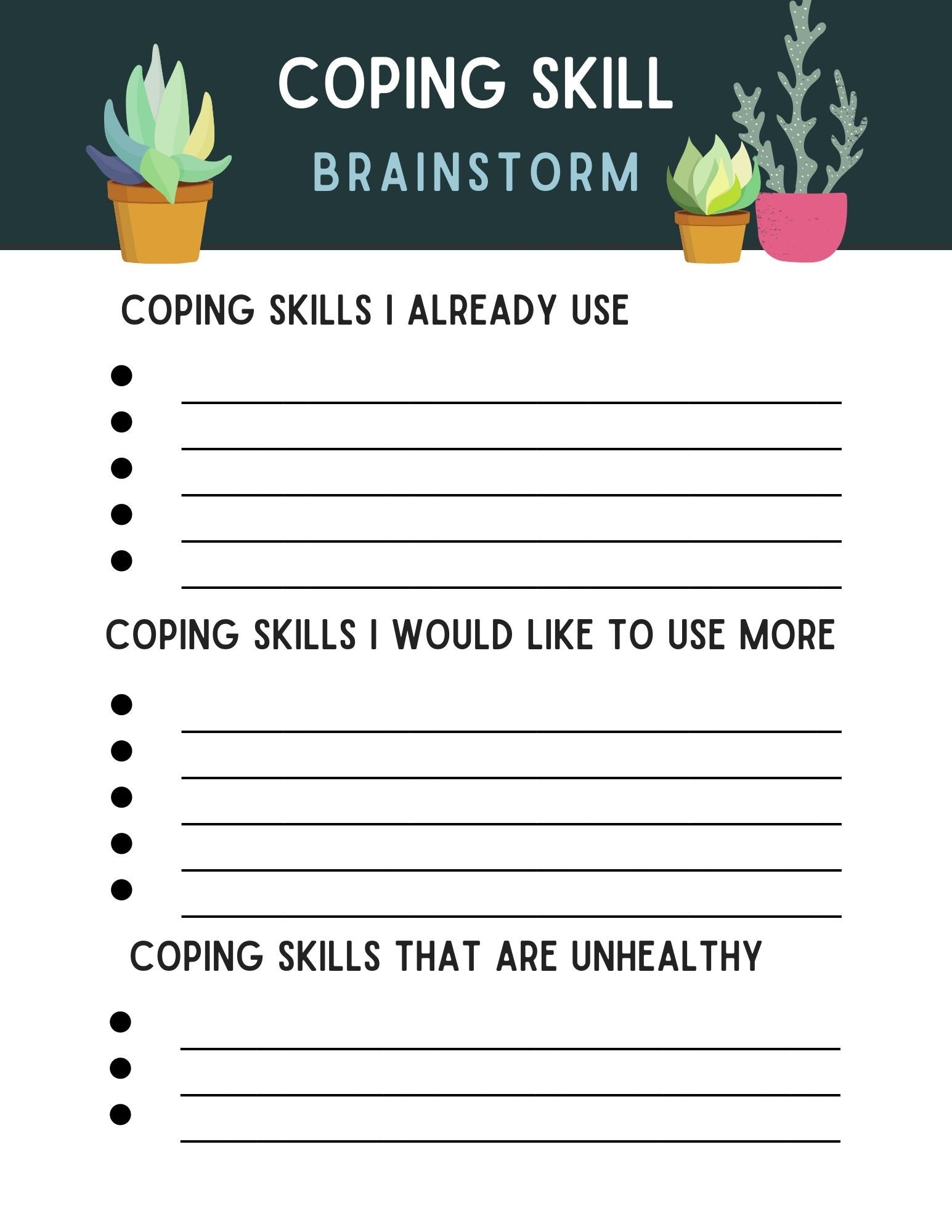 Coping Skill Worksheet Brainstorm Download Kid Trauma Therapy CBT 