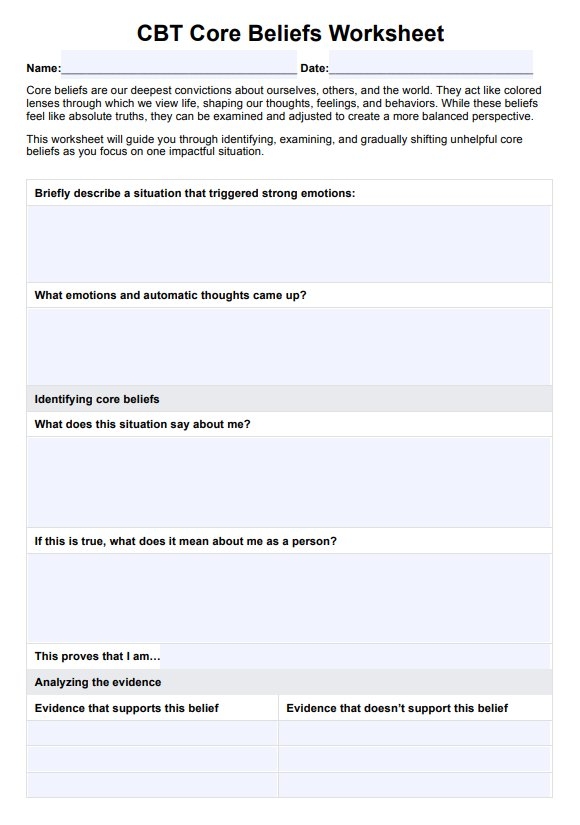 Core Beliefs Worksheet Example Free PDF Download